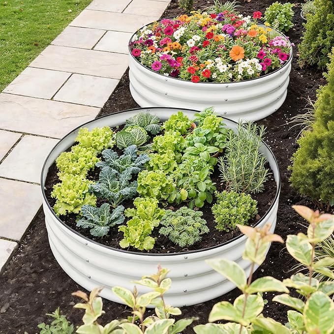 Galvanized Raised Garden Bed Outdoor 2Pcs | 4x4x1ft Metal Raised Beds for Gardening with Safety Rubber Strip | Round Planter Box for Plants Like Vegetables Fruits Flowers White