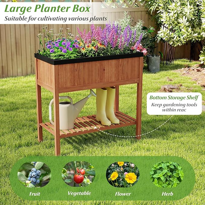 2-Tier Wooden Raised Garden Bed Elevated Planter Bed with Legs Liner &amp Storage Shelf for Vegetable Flower &amp Herb Outdoor Gardening Box for Backyard Patio Balcony 220 LBS Capacity