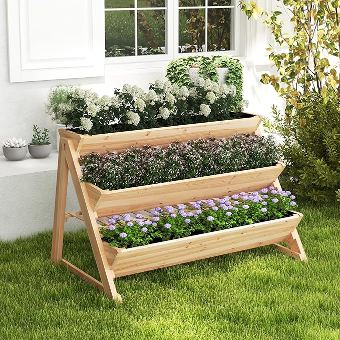 3 Tiers Raised Garden Bed Wooden Garden Bed Elevated Garden Planter with Storage Shelf Bed Liner &amp 2 Hanging Hooks Fir Wood Vertical Planter Bed for Patio Yard Balcony &amp Deck