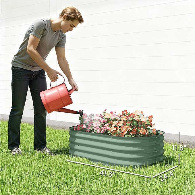 Outsunny 3.5' x 2' x 1' Galvanized Raised Garden Bed Kit Outdoor Metal Elevated Planter Box with Safety Edging Easy DIY Stock Tank for Growing Flowers Herbs &amp Vegetables Green