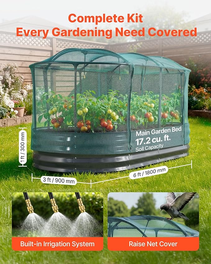 VEVOR 6x3x1FT Metal Raised Garden Bed Kit with Self Watering System and Mesh Cover Oval Outdoor Galvanized Planter Raised Beds for Gardening Planting Flowers Fruits Vegetables