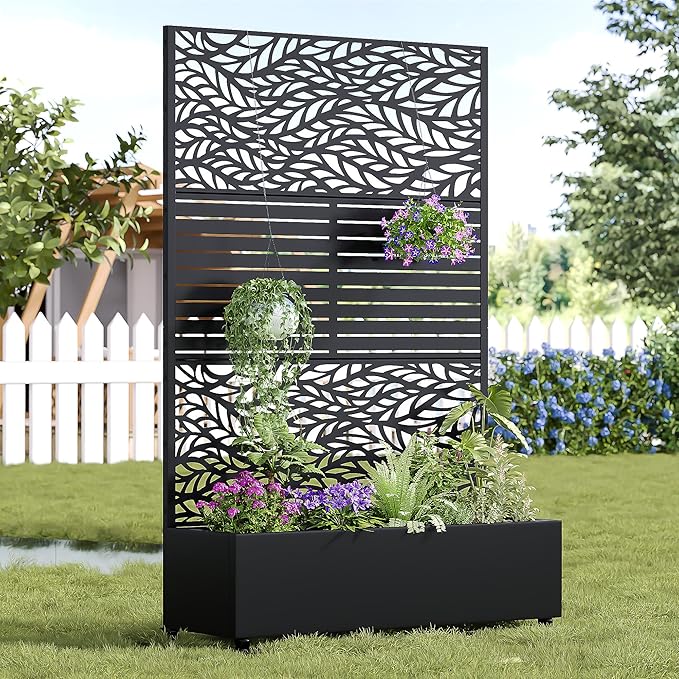 Casaphoria Metal Raised Garden Bed with Trellis and Wheels 72x47x16 Planter Box for Climbing Plants Vegetables &amp Vines Features Drainage Holes and Privacy Screen Black(Spring&ampLouvered)