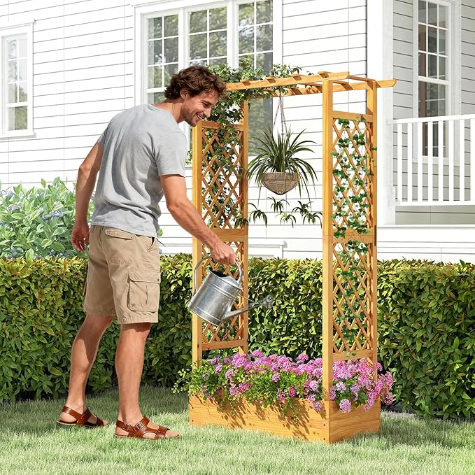 S AFSTAR 2 Pieces Wooden Raised Garden Bed with Trellis 70 Elevated Planter Box with Hanging Roof &amp Open-Ended Base for Climbing Vine Flower Herb Vegetable Outdoor Plant Container for Patio &am