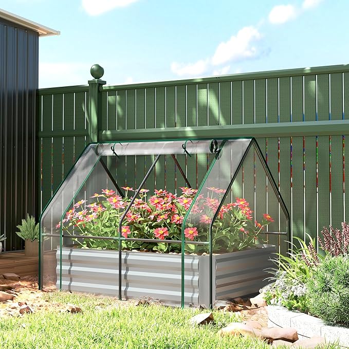 Outsunny 4 x 3 x 3ft Raised Garden Bed with Mini Greenhouse Galvanized Raised Garden Bed with Cover for Herbs and Vegetables Small Greenhouse for Patio Garden Balcony Clear and Gray