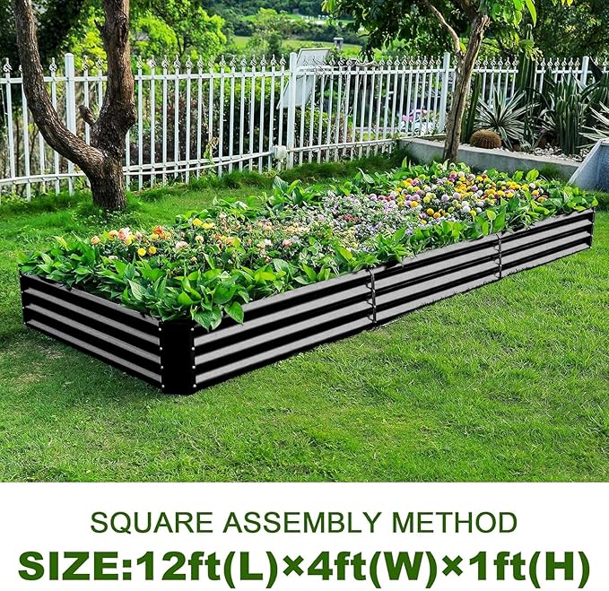 Land Guard 12×4×1ft Galvanized Raised Garden Bed Kit for Vegetables 2 Pack Galvanized Super Large Metal Planter Raised Garden Boxes Outdoor (Gray)