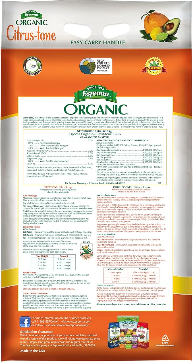 Espoma Organic Citrus-Tone 5-2-6 Natural &amp Organic Fertilizer and Plant Food for All Citrus Fruit Nut &amp Avocado Trees 18 lb. Bag. Promotes Vigorous Growth &amp Abundant Fruit - 2 Pack