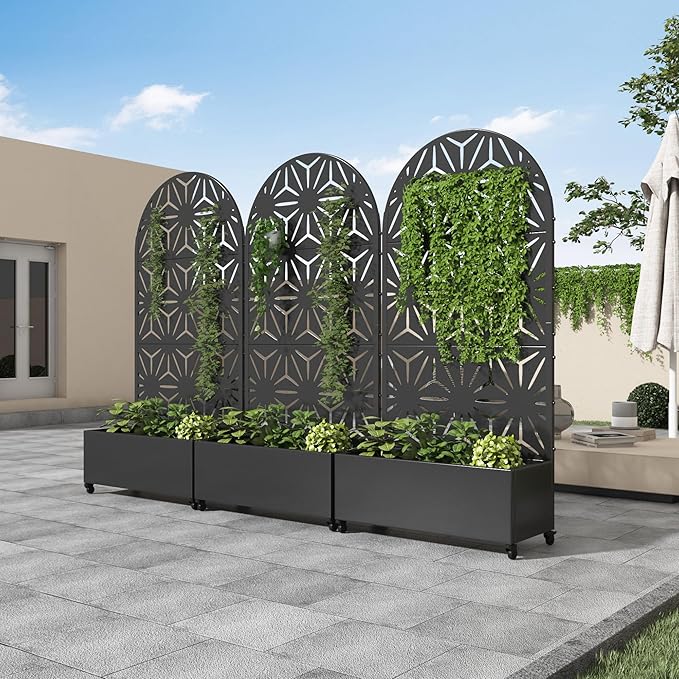 Casaphoria 72x35 Metal Raised Garden Bed with Trellis(2 Pack) Outdoor Planter Box with Wheels &amp Drainage Holes for Climbing Plants Flowers Elevated Garden Kit with Privacy Screen Black-Star