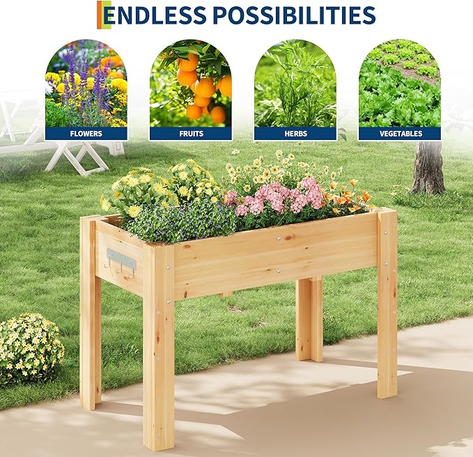 PeakPursuit 47 x 22 x 30 Inches Elevated Wooden Raised Garden Bed with Bed Liner Legs and Hooks – Outdoor Planter Box Stand for Backyard Patio Balcony Natural