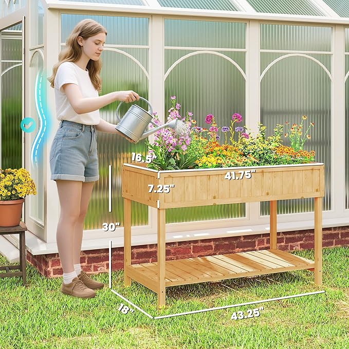 Outsunny 43x18x30in Raised Garden Bed with 8 Pockets and Shelf Wooden Elevated Planter Box with Legs to Grow Herbs Vegetables and Flowers Natural