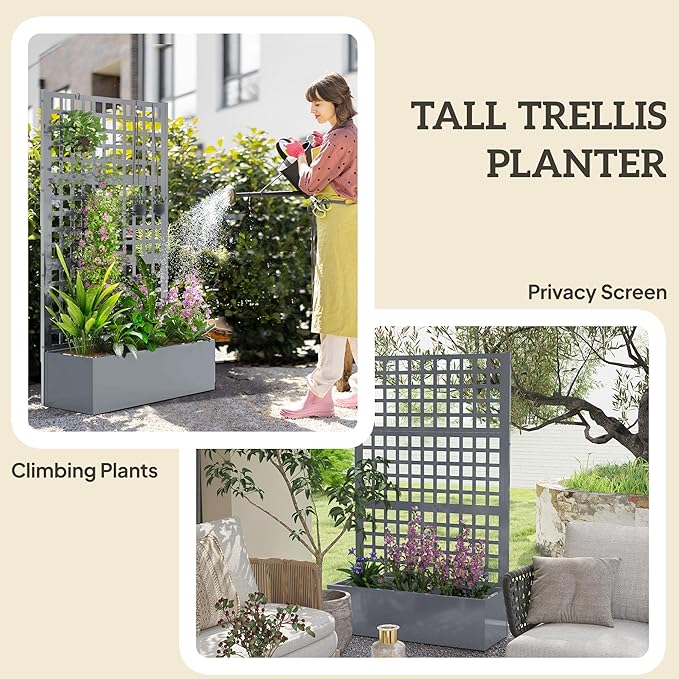 Outsunny Galvanized Raised Garden Bed with Trellis Metal Planter Box with Drainage Holes Outdoor Privacy Screen for Climbing Plants Vegetable Vines 43 x 16 x 70 2 Pack Gray Wood Effect