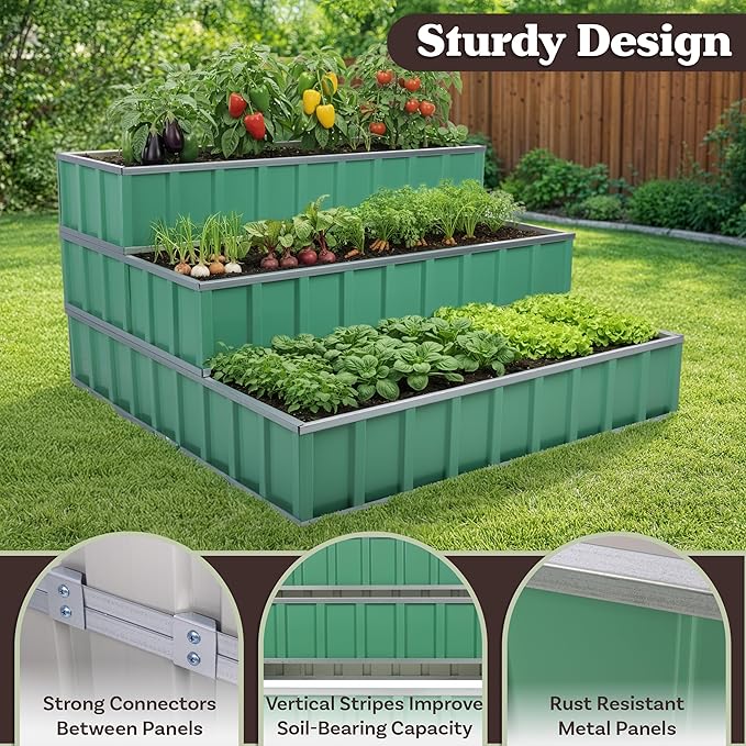 Pure Garden 3 Tier Metal Raised Garden Bed - 45” x 45” x 24” Galvanized Steel Above Ground Planters for Vegetable Garden Flowers and Herbs - Stackable Planter Raised Beds for Gardening (Green)