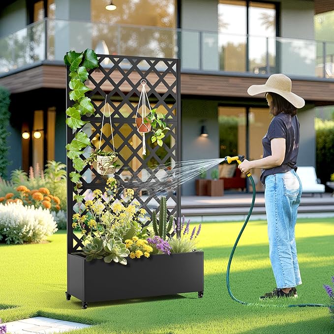 Metal Raised Garden Bed with Trellis and Wheels 2 in 1 Trellis with Planter Box &amp Privacy Screen for Climbing Plants Outdoor Standing Flower Beds with Drainage Holes 35.4L x 15.7W x 70.9H B