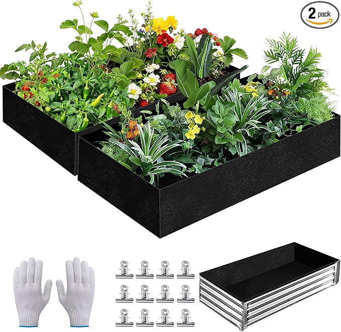 2 Sets 4 x 2 x 1 ft Raised Garden Bed Liner Bag Breathable Grow Bed Fabric Liners with Clips and Gloves Garden Box Non Woven Bag for Outdoor Plants Growth Keep Soil Isolation (No Garden Bed)