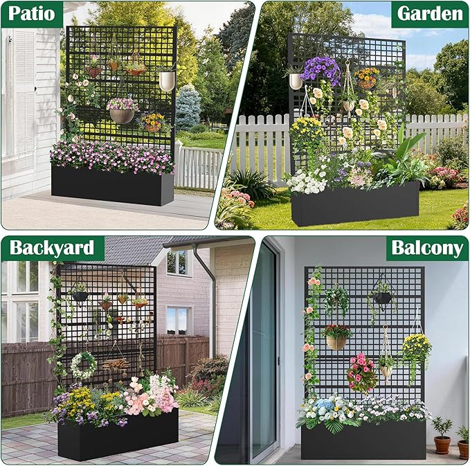 Metal Planter Box with Trellis 47 L x 16 W x 72 H Raised Garden Bed with Privacy Screen Privacy Planters for Climbing Plants Flowers Vegetables Fruits