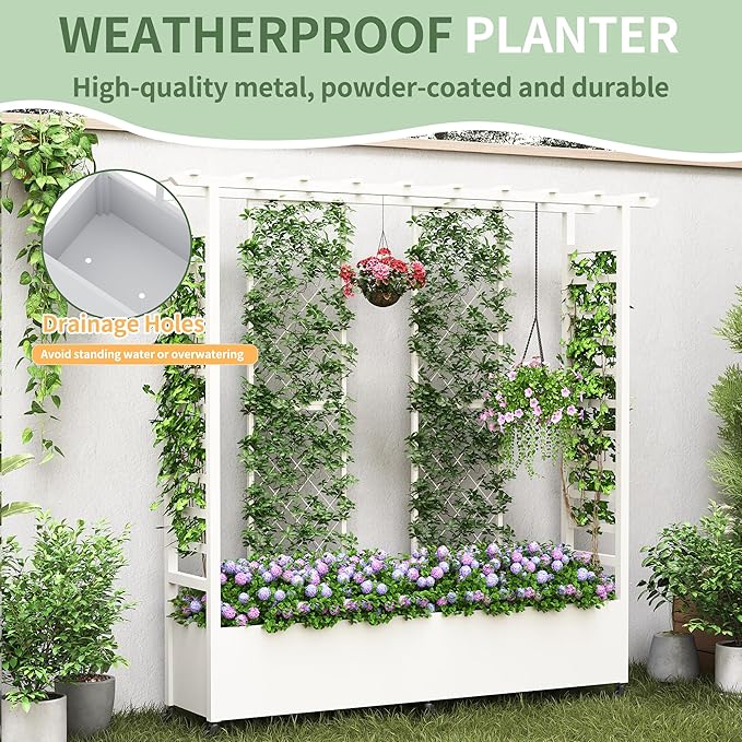 Raised Garden Bed with Trellis &amp Hanging Roof Weatherproof Metal Planter Box with Wheels Garden Arch Trellis for Outdoor Climbing Plants Vines Flowers 74 H x 77 L x 17 W White
