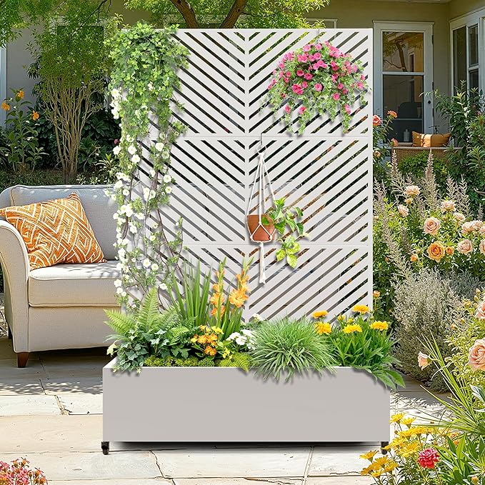 Metal Raised Garden Bed with Trellis 2-in-1 Planter Box &amp Privacy Screen for Climbing Plants Outdoor Standing Flower Bed with Drainage Holes 47.2 L x 16.7 W x 70.8 H White-Parallel