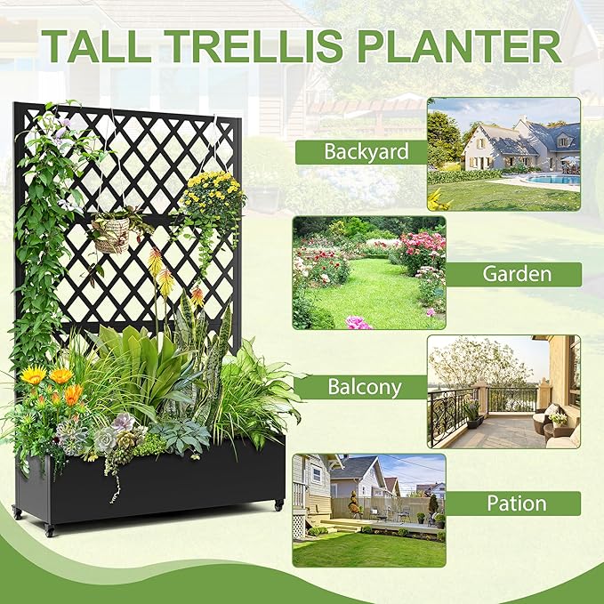 Metal Planter Trellis Box with Wheels &amp Drain Plug Outdoor Raised Garden Bed Patio Privacy Screen with Planter for Climbing Plants Vegetables 73x47x16 Black-Diamond