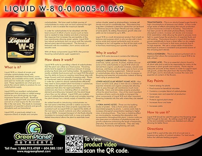 Green Planet Nutrients - LIQUID W-8 (4 Liters) | Complex Blend of Organic Enzyme Activators Vitamins Essential Amino Acids and Unique Carbohydrates - Maximize Your Plants Yield During Flowering!