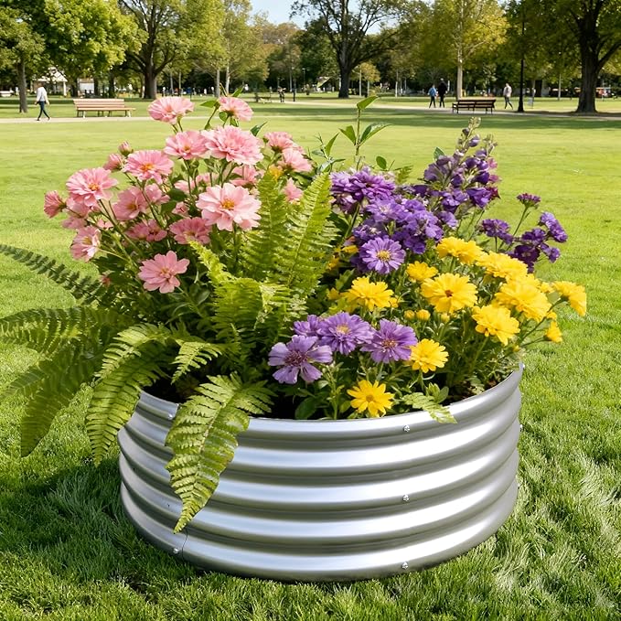 3x3x1ft(2 Pack) Galvanized Round Raised Garden BedOutdoor Planter Box Metal Patio Kit Planting Bed for Vegetables Flowers HerbSilver