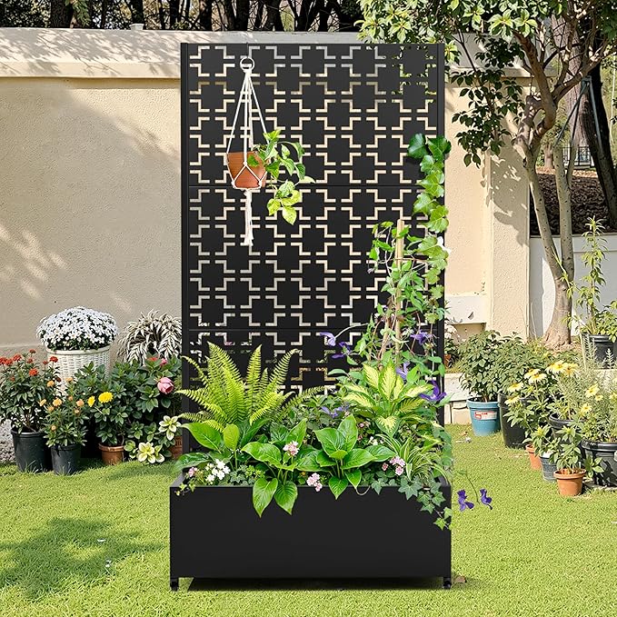 Metal Raised Garden Bed with Trellis 2-in-1 Planter Box &amp Privacy Screen for Climbing Plants Outdoor Standing Flower Bed with Drainage Holes 35.4 L x 15.7 W x 70.1 H Black-Square