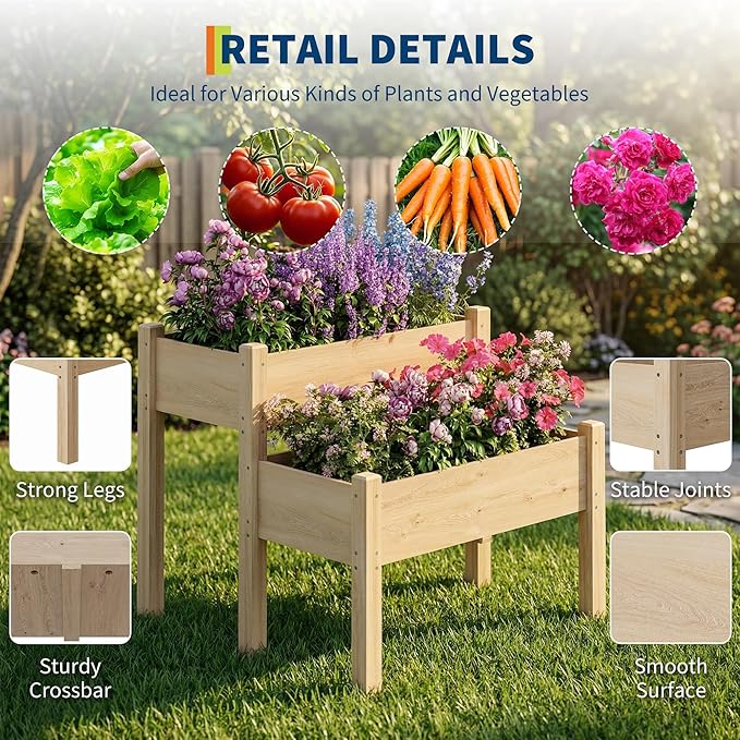 GarveeLife 34x34x29inches Two-Tier Wooden Raised Garden Bed with Legs Large Elevated Outdoor Planter Box with 8 Drainage Holes 352 Lbs Capacity for Vegetables Herbs Flowers Backyard Patio