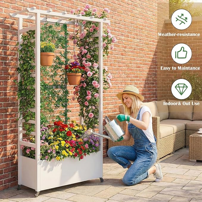 74 Mobile Planter with TrellisWeatherproof Vertical Raise Garden Bed with Trellis &amp Hanging Roof for Climbing PlantsFlowersVegetablesRust-Proof Metal Privacy Planter for Patio (White-A)