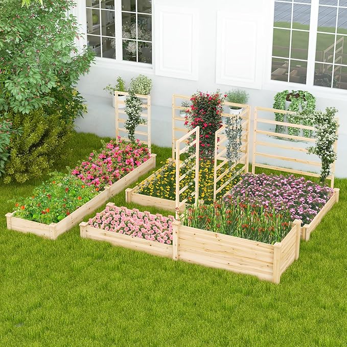 COSTWAY Raised Garden Bed with 2 Planter Boxes &amp 3 Trellises Outdoor Wooden Planter Kit for Flowers Herbs Vegetables Fruits &amp Climbing Vines Elevated Garden Planter for Patio 88L x 45W