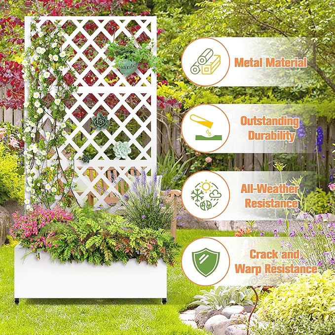 Metal Raised Garden Bed with Diamond Lattice Trellis Outdoor Planter Box for Climbing Plants Vegetables Vines Galvanized Garden Box with Drainage Holes and Wheels White (35.4L x 16.7W x 73.2H)