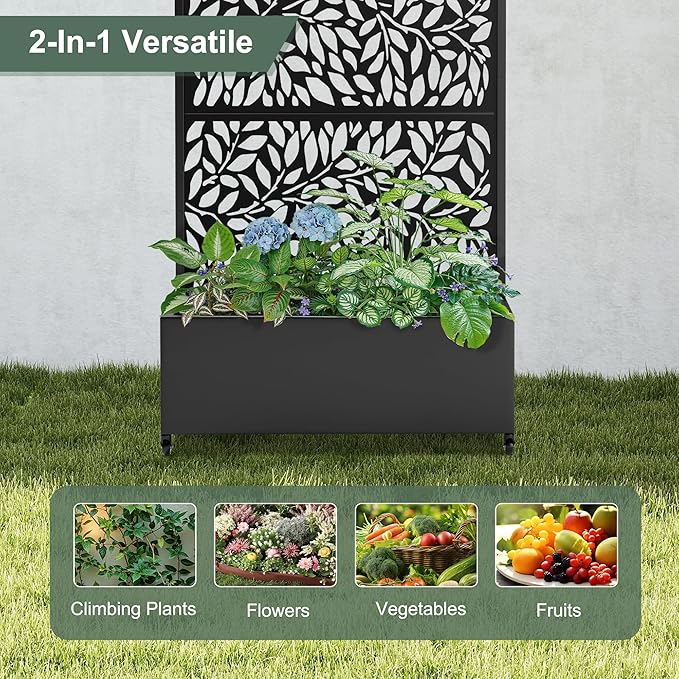 Metal Planter Box with Trellis and Wheels 35 L×16 W×71 H Outdoor Raised Beds with Privacy Screen Drainage Holes for Climbing Plants (Black Leaf)