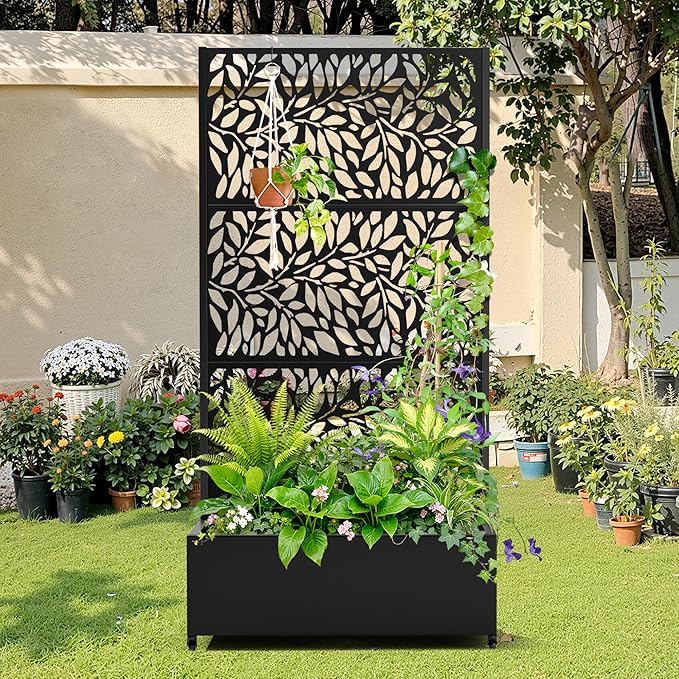 Metal Raised Garden Bed with Trellis 2 in 1 Trellis with Planter Box &amp Privacy Screen for Climbing Plants Vine Outdoor Standing Flower Beds with Drainage Holes 35.4L x 15.7W x 70.10H(Black