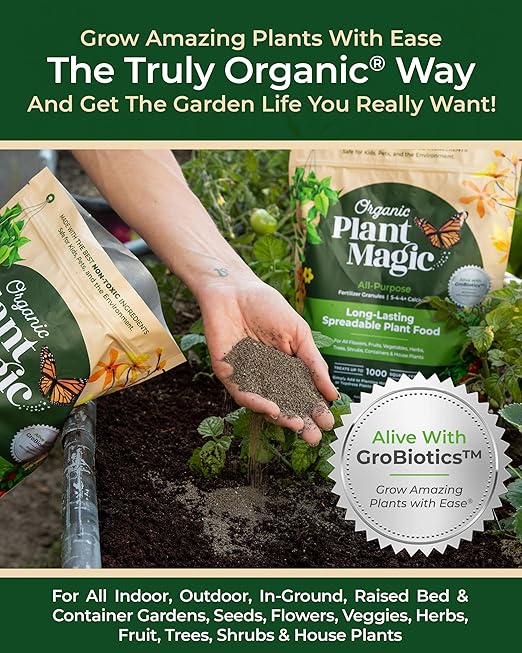 Organic Plant Magic - Truly Organic™ Slow Release Granular Fertilizer: Long-Lasting Plant Food Granules - Indoor &amp Outdoor Flowers Vegetable Gardens Fruit Trees Shrubs House Plants (Two 4 lb B