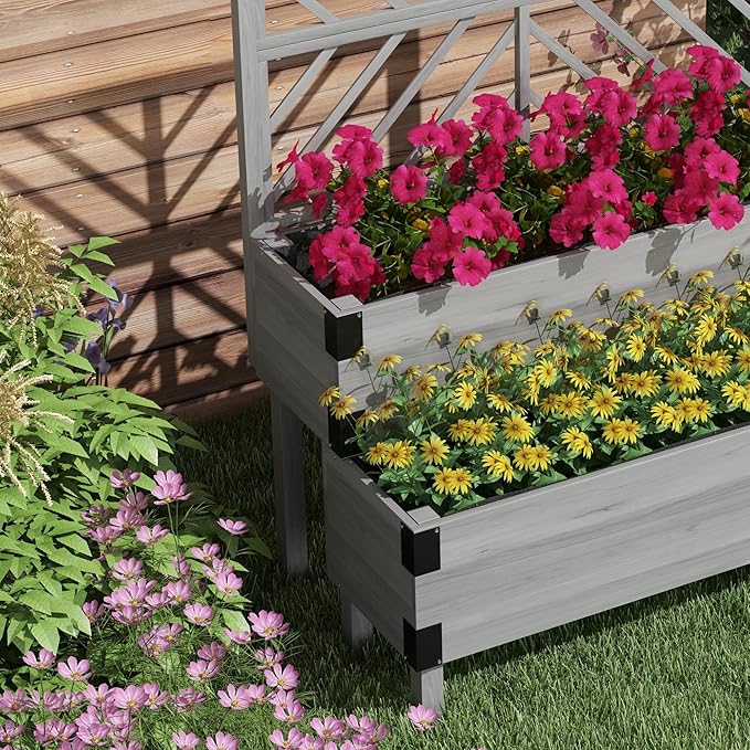 Outsunny Raised Garden Bed with Trellis 2 Tier Wooden Elevated Planter Box with Legs and Metal Corners for Vegetables Flowers Herbs Gray