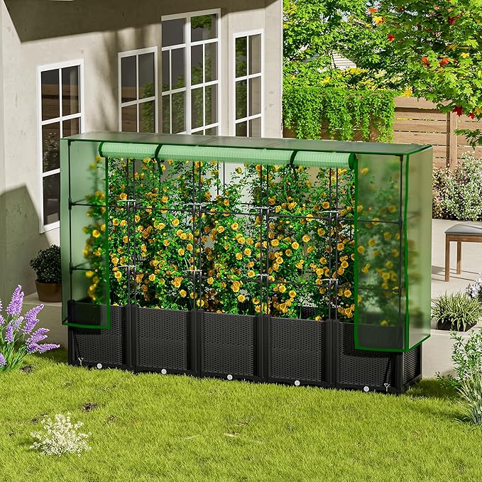 Onelike 80'' x 16'' x 55.5'' Plastic Raised Garden Bed with Greenhouse Cover and Trellis Vertical Tomato Planters for Climbing Plants Self Watering System Tomatoes Cage for PatioBlackLarge