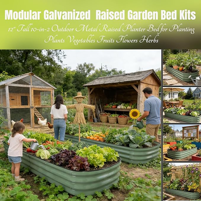 NestNature Modular Galvanized Raised Garden Bed Kits 12 Tall 10-in-2 Outdoor Metal Raised Planter Bed for Planting Plants Vegetables Fruits Flowers Herbs Gardening Ground Planter Box-Green