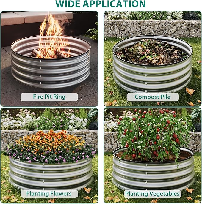 Round Raised Garden Bed 1PCS 2 x 1ft Galvanized Raised Boxes with Rust-Resistant Easy Assembly Safe Edge Metal Garden Bed Kit for Planting Vegetables Fruits Flowers Silver