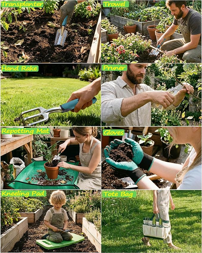 8-Piece Heavy-Duty Gardening Tools Set with Tote Bag - Rust-Proof Aluminum Gardening Hand Tools with Ergonomic Non-Slip Rubber Grips - Gardening Supplies Set Ideal Gift for Men &amp Women