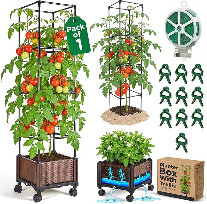1 Pack Self Watering Tomato Planter Box with Trellis 64 Inch Raised Garden Bed with Trellis - Planter Box for Climbing Plants Tomato Pot for Vegetables Vine Flowers Indoor Outdoor Patio