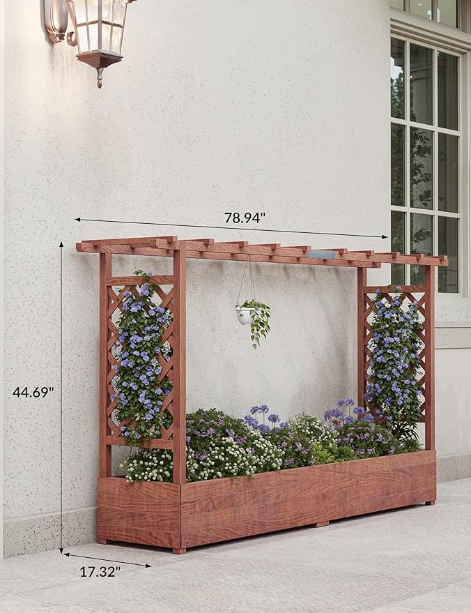 Elevated Wooden Planter Box with Arch Trellis &amp Hanging Roof – Raised Garden Bed for Climbing Vines Flowers – Side Trellis 4 Drainage Holes Freestanding – Patio/Deck – Size: 200.