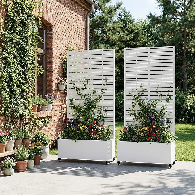 Casaphoria 72x35 Metal Raised Garden Bed with Trellis(2 Pack) Outdoor Planter Box with Wheels &amp Drainage Holes for Climbing Plants Flowers Elevated Garden Kit with Privacy Screen White-Louve