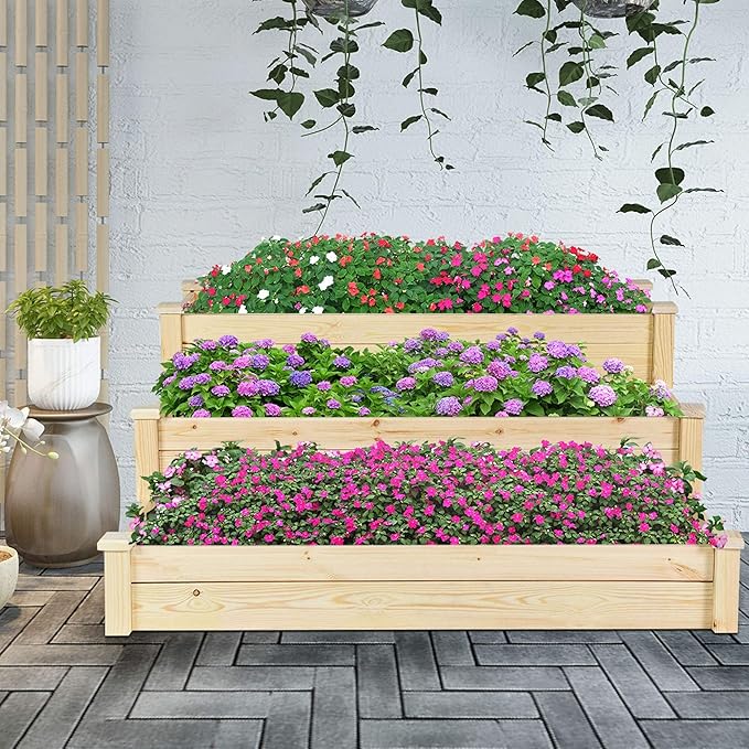 Misc 3-Tier Wooden Raised Bed Garden Planting Box Growing Flower Vegetables Brown Modern Contemporary Wood
