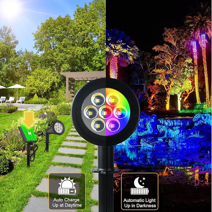 T-SUNUS Color Changing 7 LED Solar Spotlights &amp 4 LED Blue Solar Lights IP65 Waterproof Security Light Landscape Light Auto-on/Off Wall Light Angle Adjustable for TreePatioYardGardenDriveway