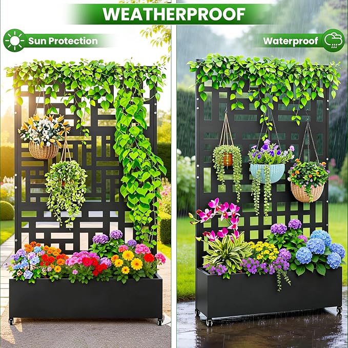 Nexum Metal Planter Box with Trellis &amp Wheels 71x47x16 Planter Boxes Outdoor with Drainage Holes Privacy Planters for Patio Balcony Backyard Poolside