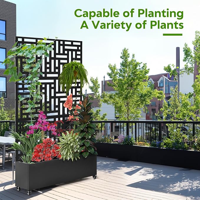 Metal Planter Box with Trellis71”Raised Garden Bed with Trellis Privacy Screen and Drainage.Wheeled for Patio Flexibilityfor Climbing Veggies/Flowers.DIY-Friendly Design