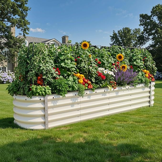 YITAHOME 17 Tall 9 in 1 Large Raised Garden Bed Kit 8x2x1.4ft Galvanized Metal Planter Box with Gloves &amp Safety Rubber Outdoor Above Ground Planters for Plants Vegetables Flowers White