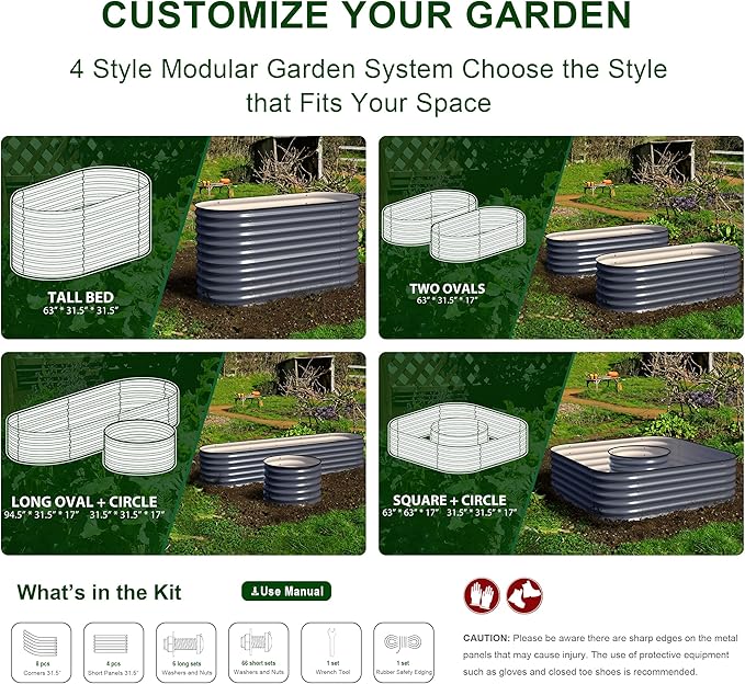 Olle 4-Style Modular Galvanized Raised Garden Beds Outdoor Easy Quick Setup 17 Tall 4-in-1 Metal Planter Boxes Outdoor for Flowers Vegetables Fruits Herbs DIY Gardening Grey