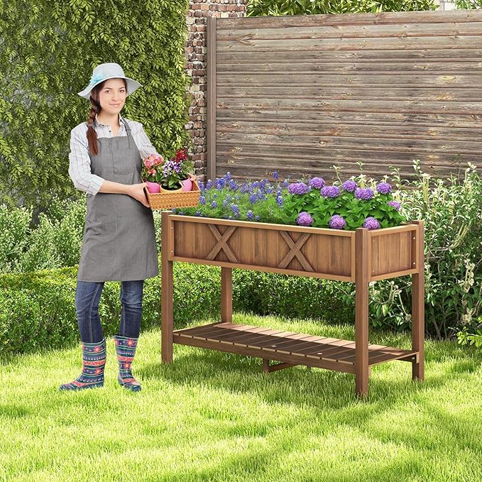 Raised Garden Bed with Legs 47 x 18 x 29 Inch Elevated Planter Box w/HIPS Frame Drainage Holes &amp Storage Shelf Standing Raised Planter for Flowers Herbs Outdoor Balcony Backyard (Coffee)