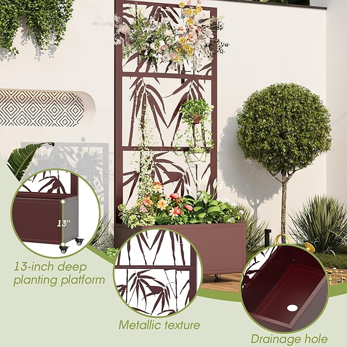 Metal Mobile Planter Box with Trellis 75x 32x 15 Moblie Planter Box Trellis with Privacy Screen Drainage Holes and 4 Lockable Wheels Brown Bamboo Style