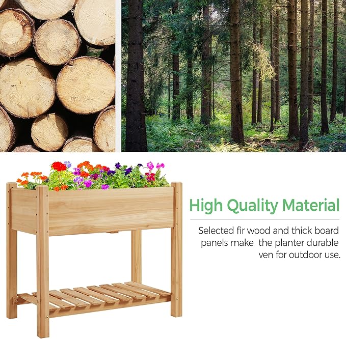 Yaheetech 34x18x30in Horticulture Raised Garden Bed 2pcs Planter Box with Legs &amp Storage Shelf Wooden Elevated Vegetable Growing Bed for Flowers Backyard Patio Balcony Light Brown