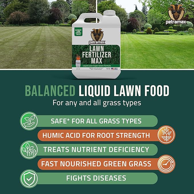 PetraMax Liquid Lawn Fertilizer for Lawns Concentrate - Liquid Fertilizer for Lawns Food for Grass - 16-4-8 High Nitrogen Lush Green Grass Phosphorus for Strong Roots - Apply Spring &amp Summer (32
