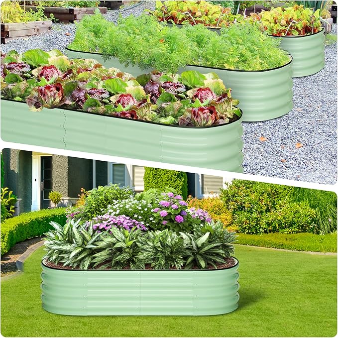 2 Pcs 4.5x2x1ft Galvanized Raised Garden Bed OutdoorPlanters for Outdoor PlantsOpen-Ended Base Planter Raised BoxesOval Metal Planter Box for Vegetables Flowers FruitsRubber Edge Green